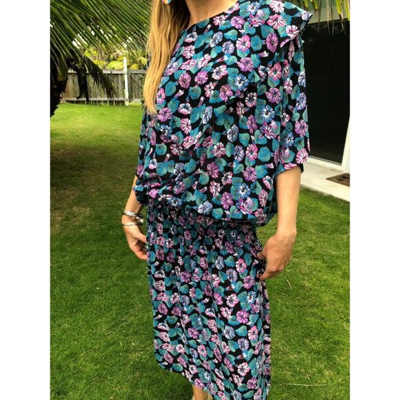 Vintage 80s does 20s Dropped Waist Tropical Hawaiian Flowy Dress | Small Medium - Picture 9 of 10